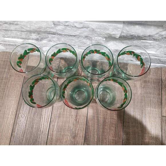 Vintage 12 " Green Tint Christmas Coca-Cola Glasses   Set Of 7 - Picture 2 of 11